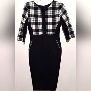 ELEGANT BLACK AND WHITE PLAID WOMEN'S DRESS WITH SILVER ACCENT. FRONT & BACK ZIP